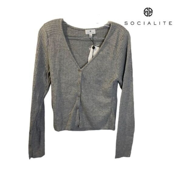 SOCIALITE Women's Long Sleeve V‎ Neck Skivvy Ribbed Button Knit Cardigan sweater - Picture 2 of 5